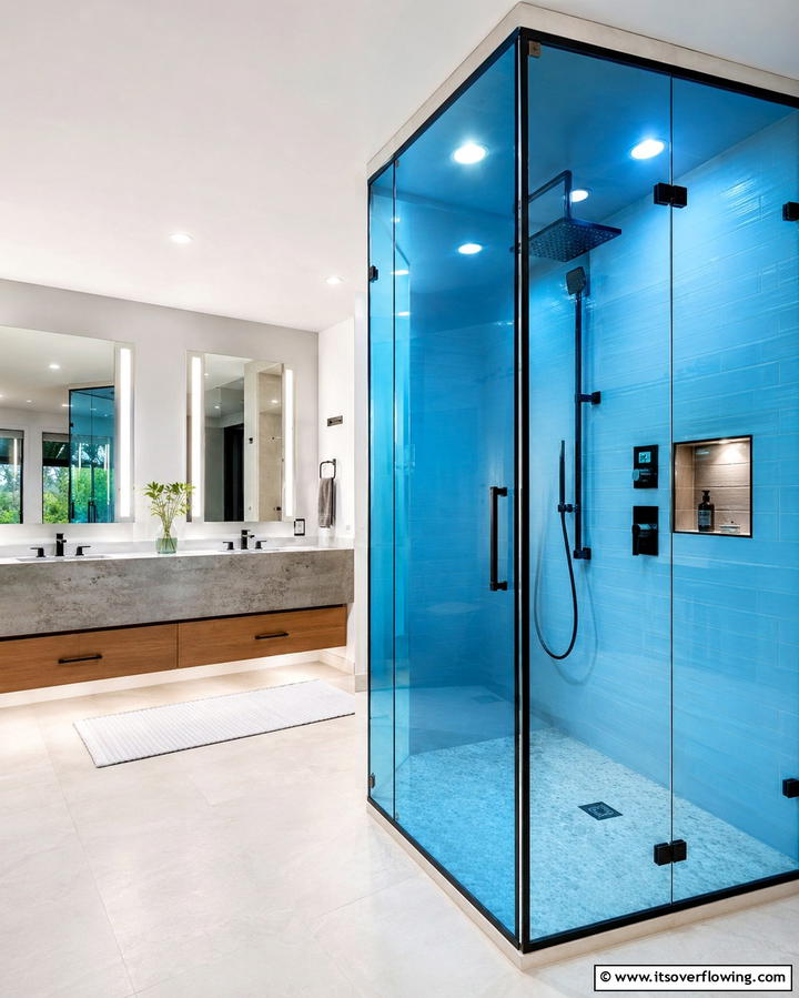 Modern Blue Glass Shower Enclosure with Black Trim - 30 Striking Black and Blue Bathroom Ideas for Dramatic Flair