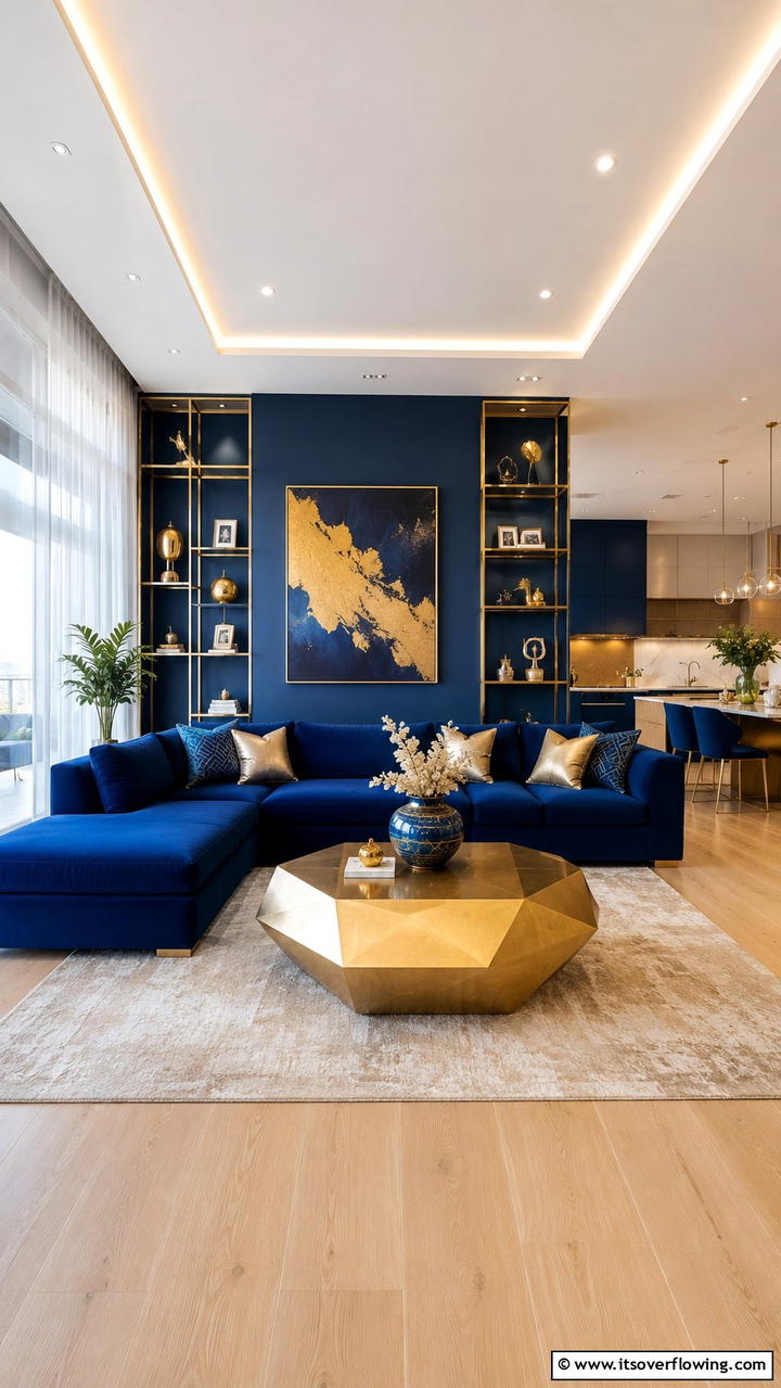 Modern Blue and Gold Balance - 30 Stunning Blue and Gold Living Room Ideas for Elegant Spaces