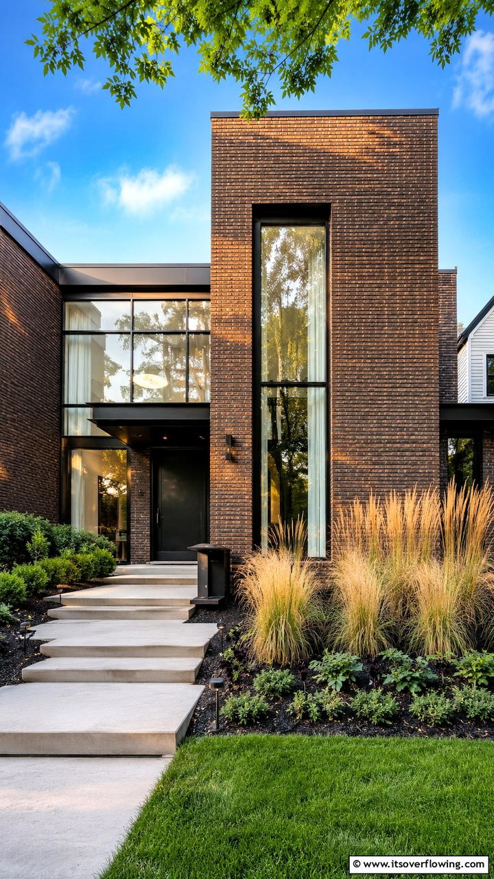 Modern Brick Facade - 30 Brown Brick Exterior Home Ideas for Timeless Curb Appeal