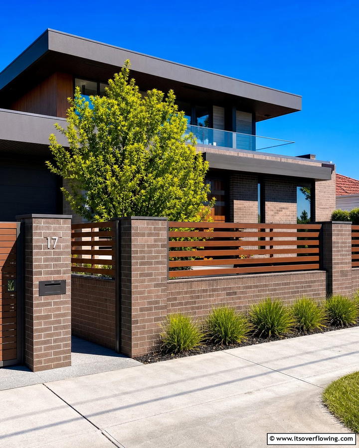 Modern Brick Fence with Horizontal Slats - 20 Front Yard Brick Fence Ideas for a Classic Look