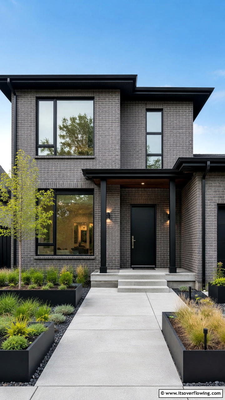 Modern Brick Gray with Crisp Black Accents - 30 Exterior Brick and Paint Color Combinations