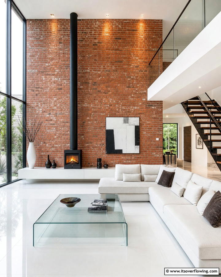 Modern Brick with Glass Elements - 25 Brick Wall Living Room Ideas for a Cozy Feel