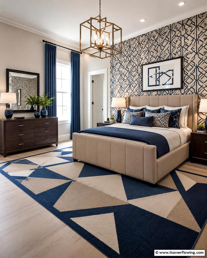 Modern Chic with Geometric Patterns - 25 Blue and Beige Bedroom Ideas for a Calming Space