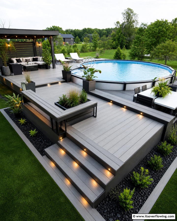 Modern Composite Deck Design - 21 Above-Ground Pool Deck Ideas for Backyard Fun