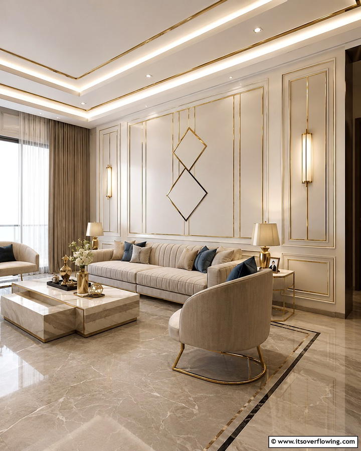 Modern Cream Walls with Golden Trim - 30 Elegant Cream & Gold Living Room Themes for Luxe Interiors
