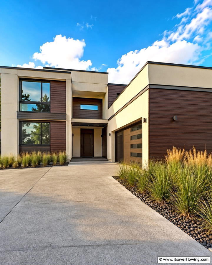 Modern Cream Walls with Horizontal Brown Panels - 25 Cream and Brown House Exterior Ideas for Warmth