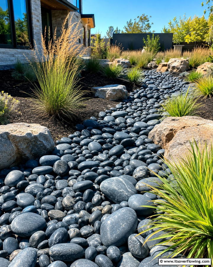 Modern Dry Riverbed Installation - 30 Natural Black River Rock Landscaping Ideas for Texture