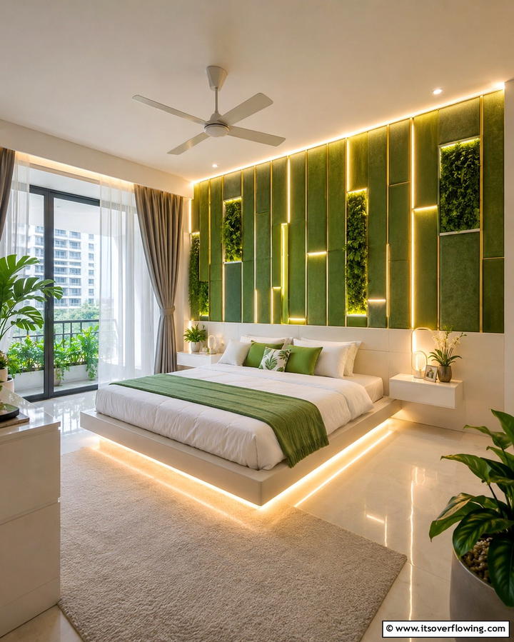 Modern Eco Panels with LED Lighting - 30 Green Panelling Ideas for a Serene Bedroom