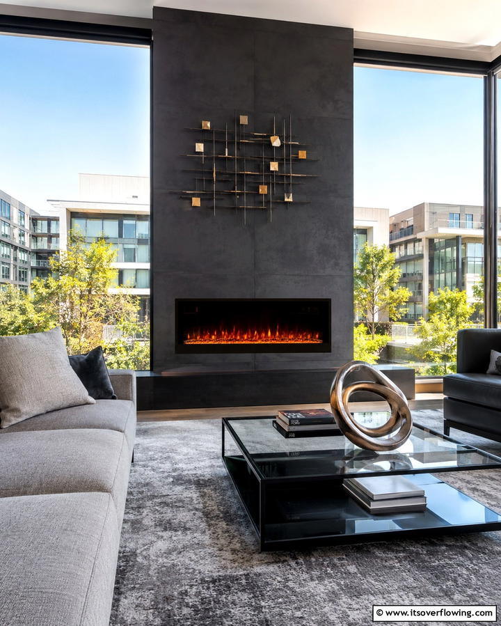 Modern Electric Fireplace Framed by Picture Windows - 25 Fireplace Between Windows Ideas for Cozy Homes