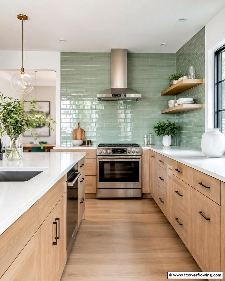 Modern Elegance with Sage Green Tiles - 25 Chic Kitchen With Green Backsplash Ideas