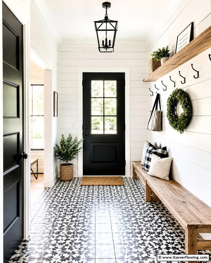 Modern Farmhouse Aesthetic - 25 White House Ideas with Black Doors for Contrast