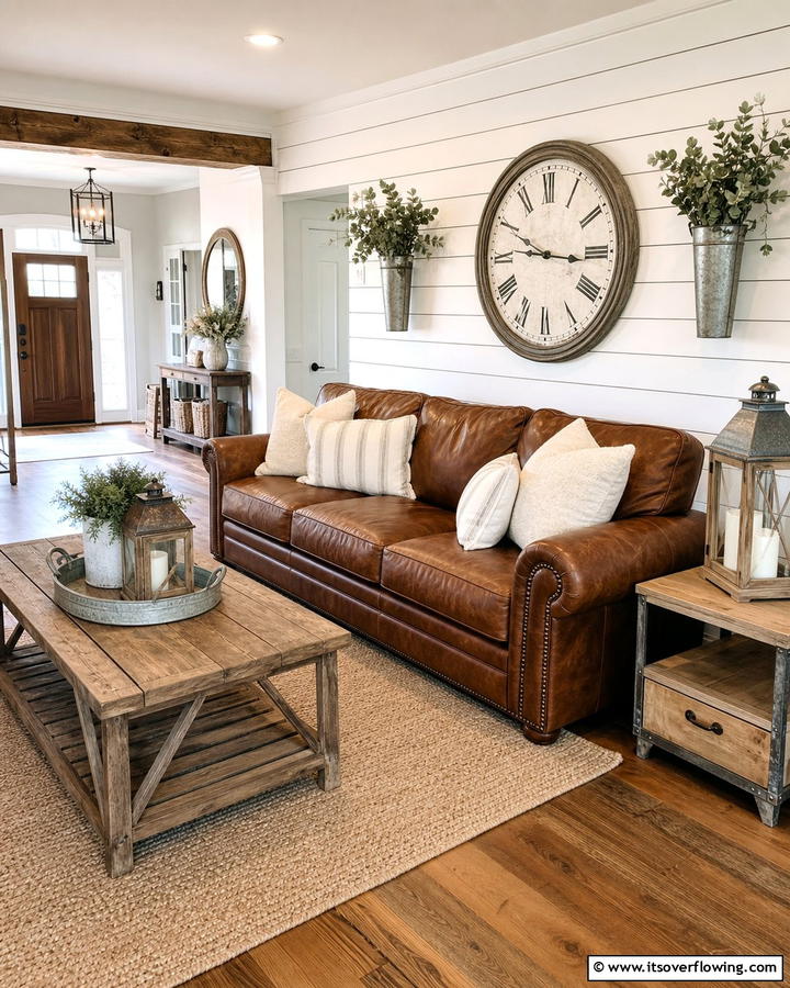 Modern Farmhouse Appeal - 25 Brown Leather Couch Living Room Ideas