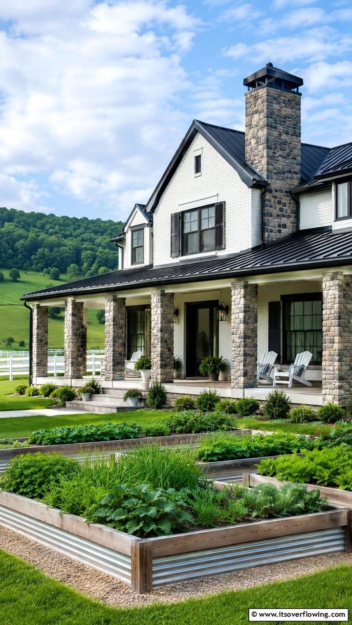 Modern Farmhouse Brick Home with Stone Enhancements - 30 Brick Houses With Stone Accents- Exterior Design Inspiration