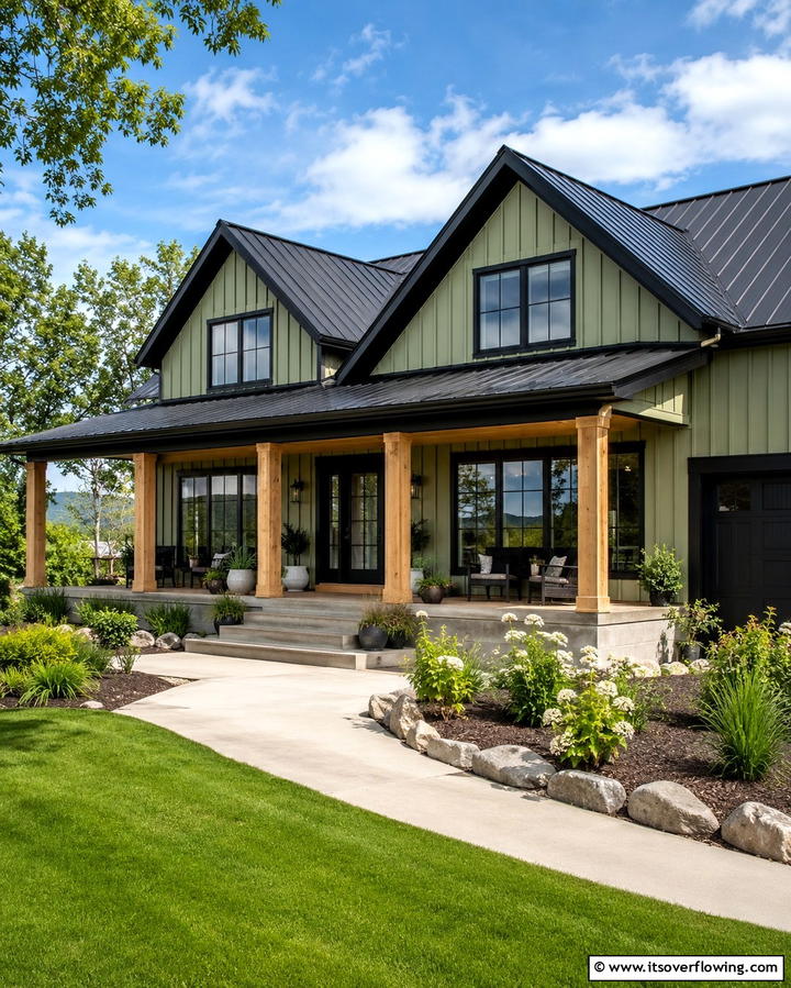 Modern Farmhouse Charm - 25 Green House Exterior With Black Trim Ideas