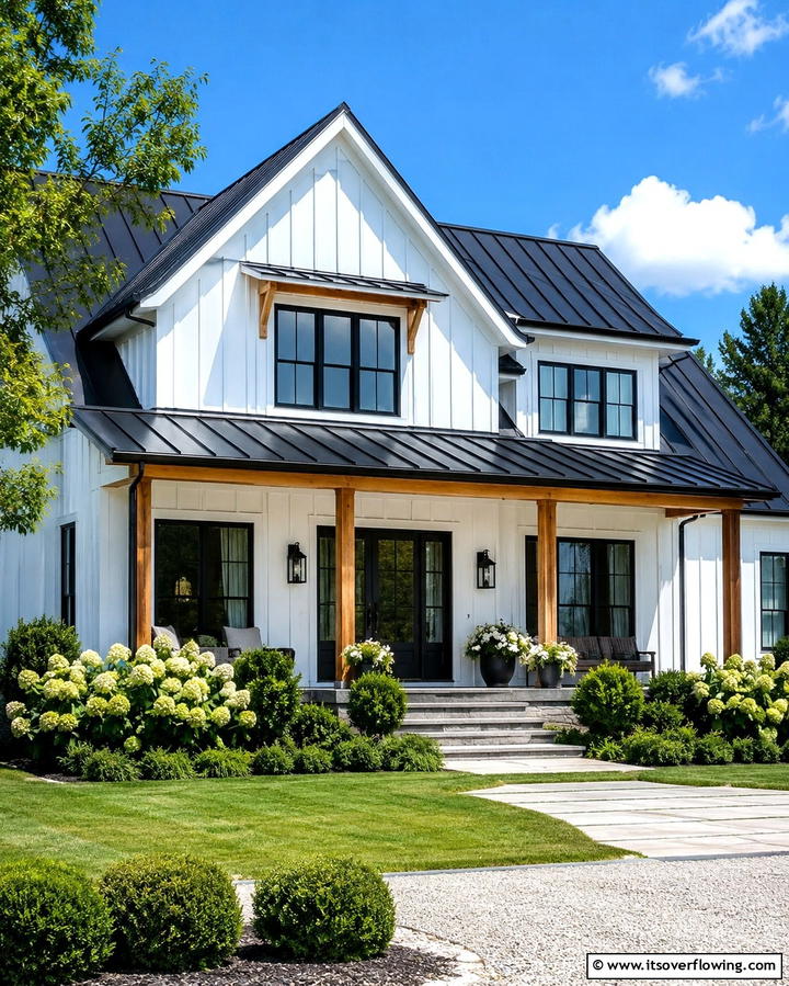Modern Farmhouse CharmExact - 25 White Exterior Home with a Black Roof Ideas
