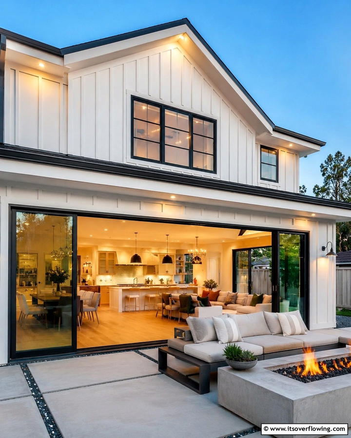 Modern Farmhouse with Black Framed Sliding Doors - 25 White Farmhouse with Black Windows Ideas