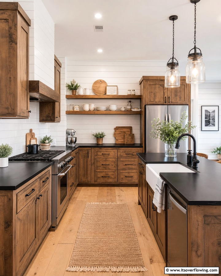 Modern Farmhouse with Contrasting Textures - 20 Kitchen Ideas with Brown Cabinets and Black Countertops