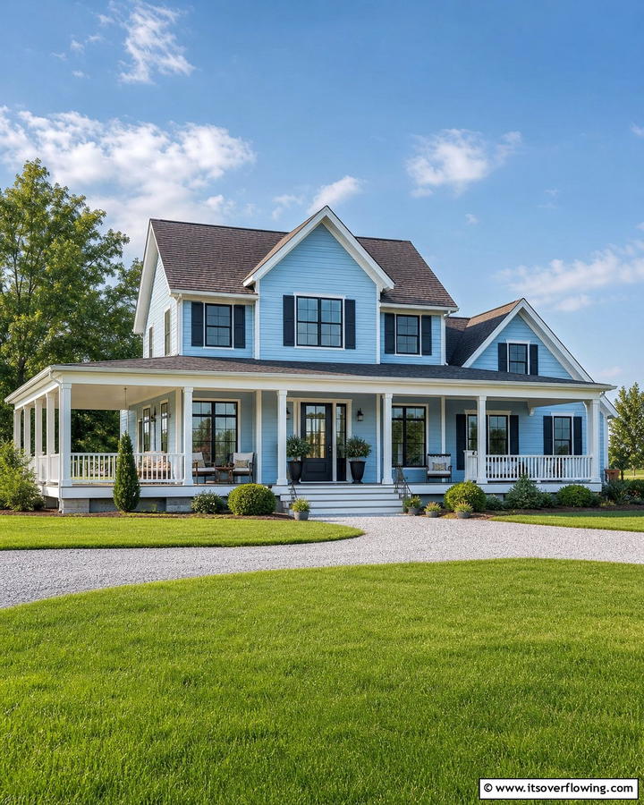 Modern Farmhouse with Sky Blue and Brown Roof - 25 Stunning Blue Exterior Home with Brown Roof Ideas