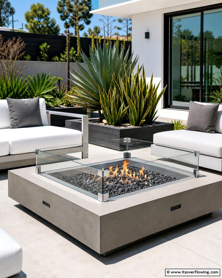Modern Fire Pit with Glass Wind Guards - 25 Backyard Fire Pit Ideas for Cozy Landscaping
