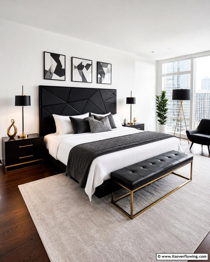 Modern Geometric Black Headboard - 25 Black Headboard Bedroom Ideas for a Bold Statement