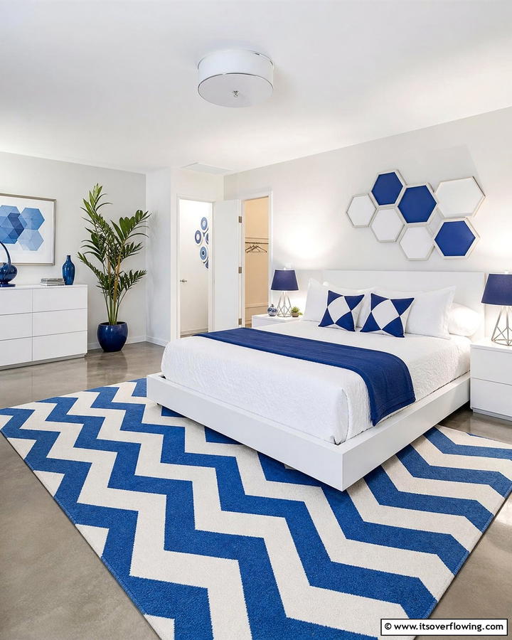 Modern Geometric Patterns - 25 Blue and White Bedroom Ideas for a Calming Space