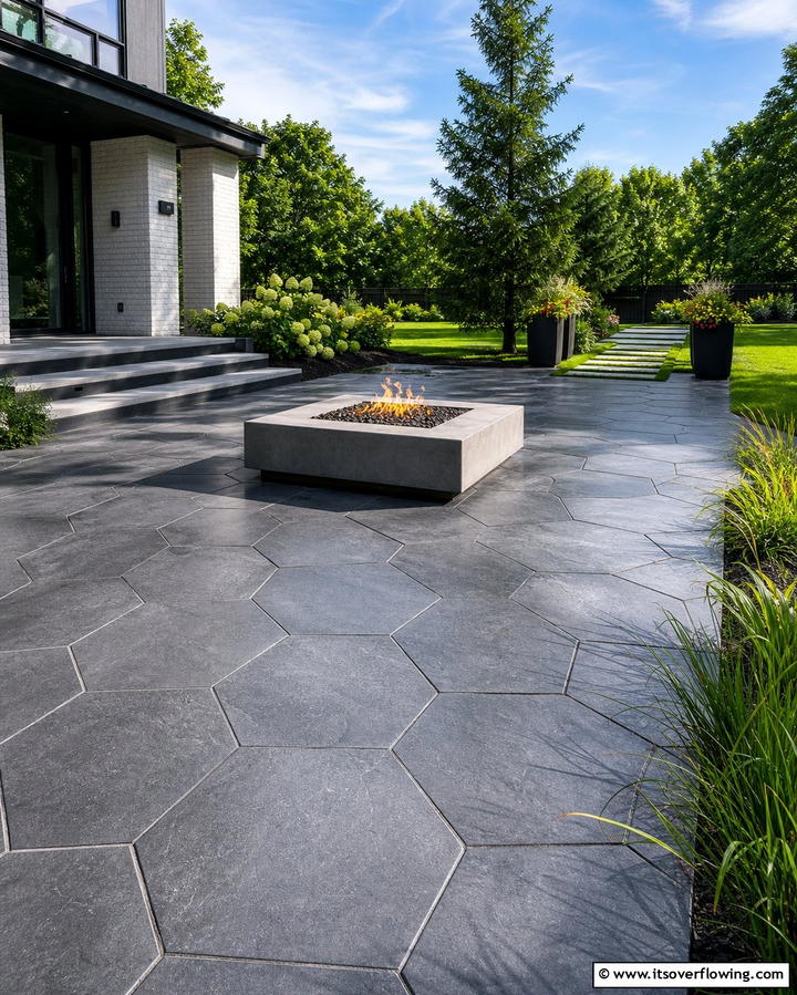 Modern Geometric Stamped Concrete Patio with Fire Pit - 25 Stamped Concrete Patio With Fire Pit Ideas