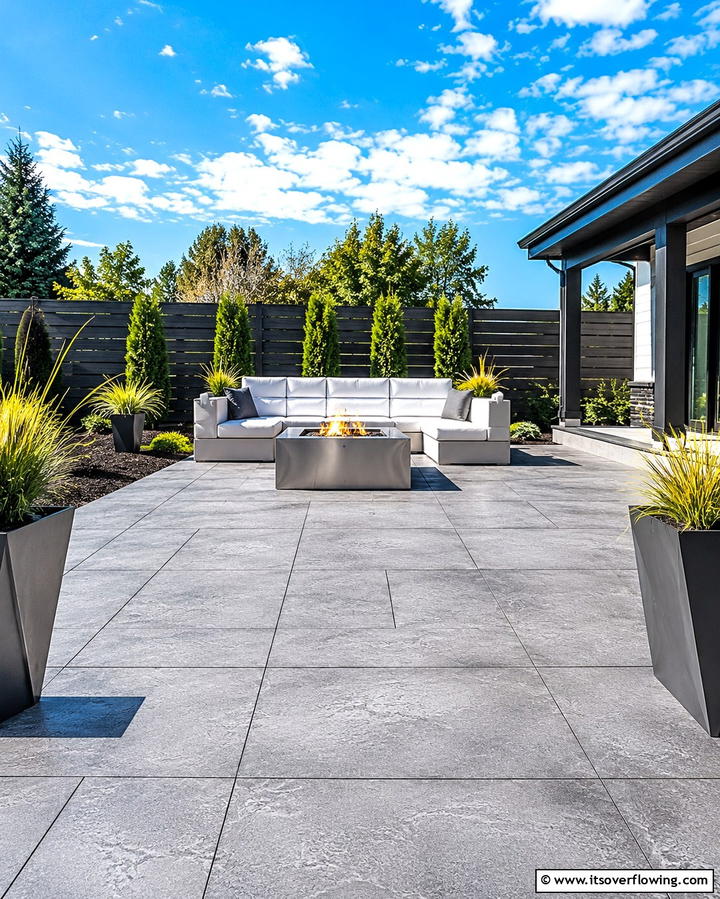 Modern Geometric Stamped Concrete Patio with Square Fire Pit - 20 Stamped Concrete Patio With Fire Pit Ideas