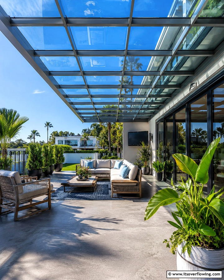 Modern Glass Canopy - 25 Attached Covered Patio Ideas for Year-Round Use