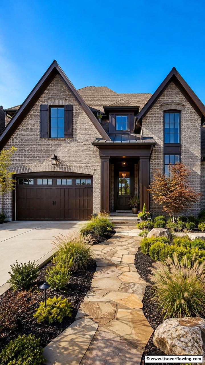 Modern Gray Brick with Navy Blue Touches - 30 Exterior Brick and Paint Color Combinations