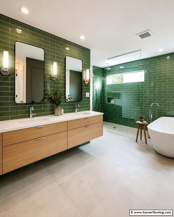 Modern Green Subway Tiles - 30 Green Tile Bathroom Inspiration Ideas for Bold Spaces