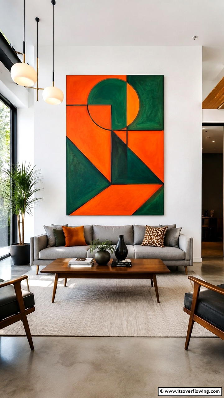 Modern Green and Orange Geometric Artwork - 30 Green and Orange Living Room Ideas for Bold Style