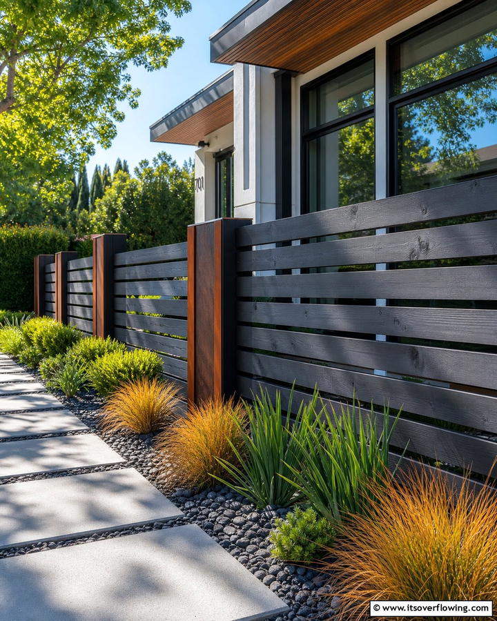 Modern Horizontal Slat Fence - 21 Front Yard Fence Ideas to Enhance Privacy and Style