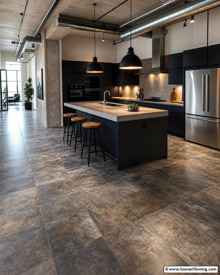 Modern Industrial Aesthetic - 21 Kitchen Floor Tile Ideas- Durable & Stylish Options