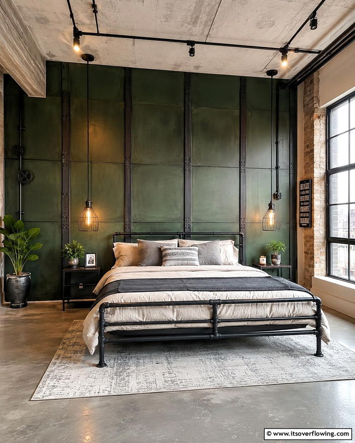 Modern Industrial Green Panels - 30 Green Panelling Ideas for a Serene Bedroom