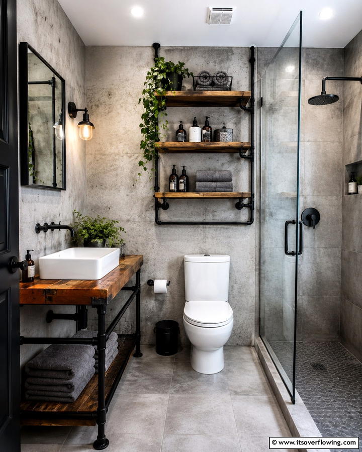 Modern Industrial Shelves - 30 Small Bathroom Shelving Ideas for Smart Storage