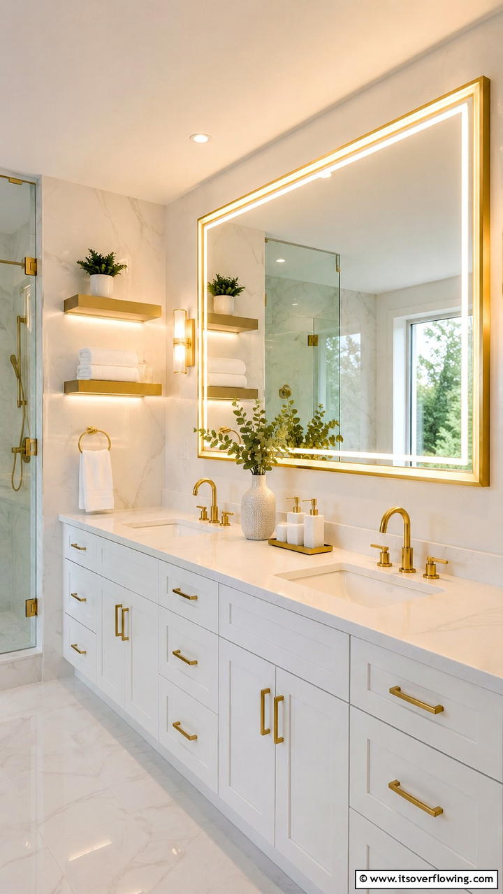 Modern LED Gold Mirrors - 30 Gold Bathroom Ideas for Luxurious, Modern Spaces