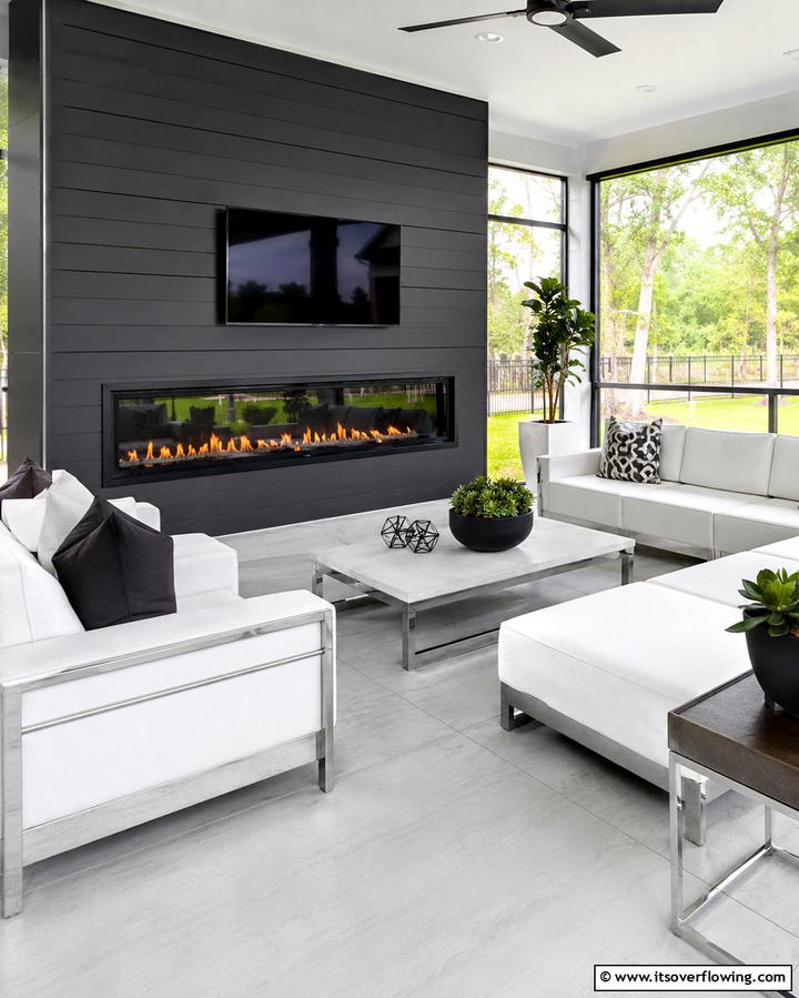 Modern Linear Fireplace Design - 25 Screened-in Porch With Fireplace Ideas for Cozy Evenings