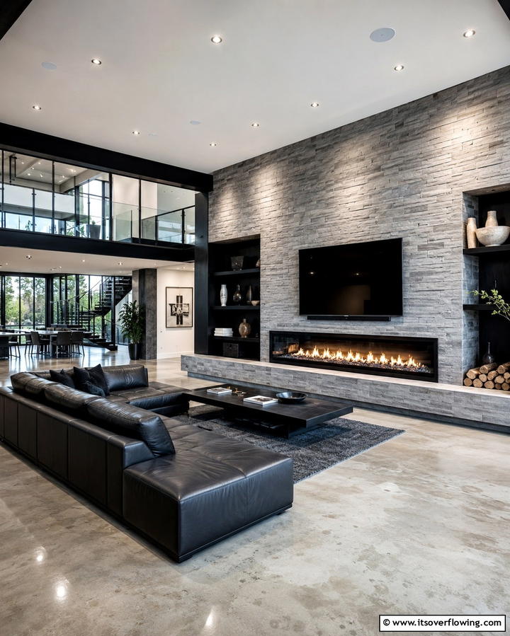 Modern Linear Stone Design - 25 Floor-to-Ceiling Stone Fireplace Ideas for Cozy Homes