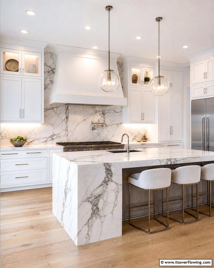 Modern Marble Accent - 21 Backsplash Ideas for White Cabinets and Granite Counters