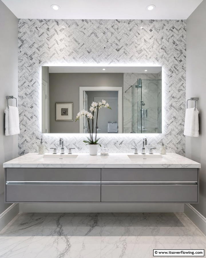 Modern Marble Mosaic Backsplash - 30 Luxurious Marble Bathroom Ideas for a Spa-Like Retreat