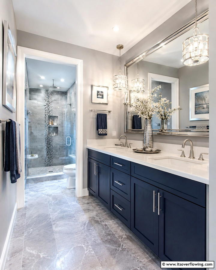 Modern Metallic Accents - 25 Blue and Gray Bathroom Ideas for a Modern Look