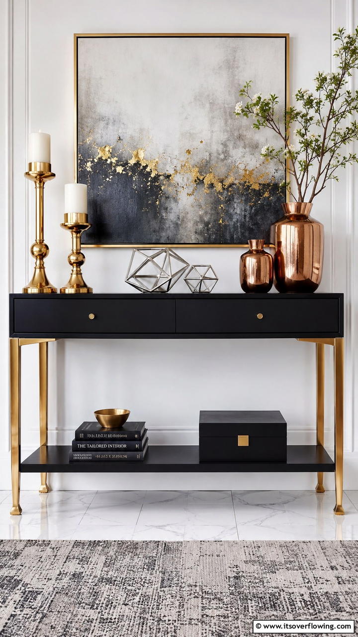 Modern Metallic Accents - 30 Console Table Decor Ideas- Elevate Entryways and Halls