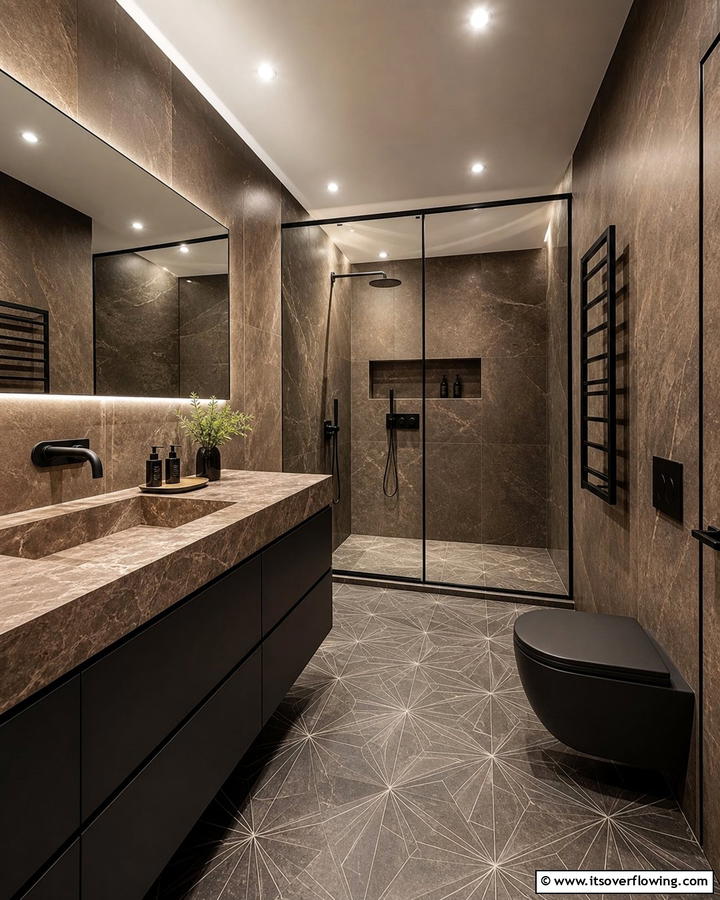 Modern Minimalism with Brown Granite and Matte Black Finishes - 20 Elegant Brown Granite Bathroom Ideas for a Luxurious Look