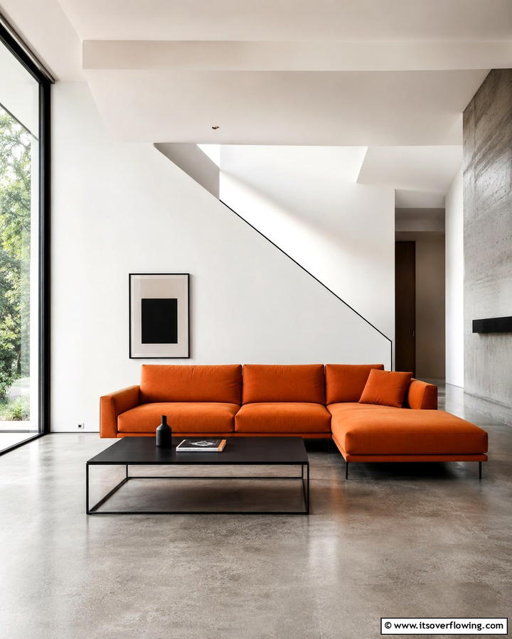 Modern Minimalism with Clean Lines - 25 Orange Couch Living Room Ideas for a Vibrant Space