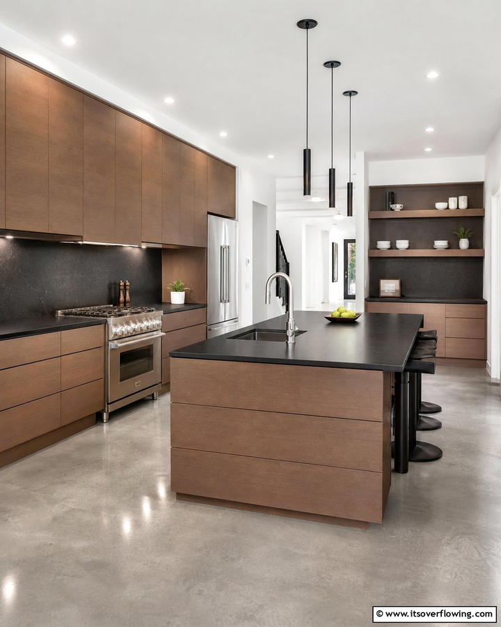 Modern Minimalism with Clean Lines - 25 Brown Kitchen Cabinets With Black Countertops