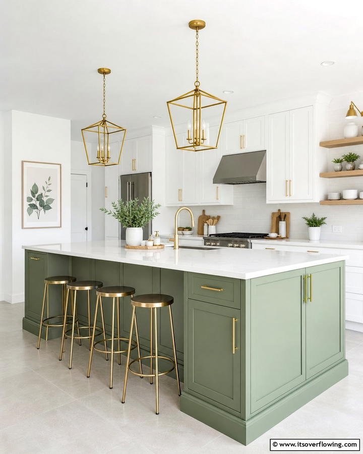 Modern Minimalism with Gold Hardware - 20 Sage Green Kitchen Island Ideas for a Fresh Look