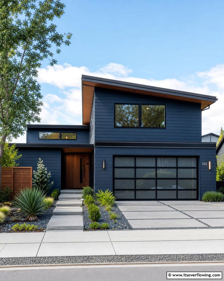 Modern Minimalism with Navy Blue - 25 Stunning Blue Exterior Home with Brown Roof Ideas