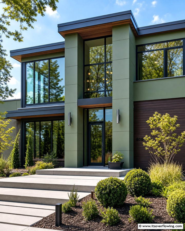 Modern Minimalism with Sage Green and Dark Brown Accents - 25 Sage Green House With Brown Trim Ideas for Curb Appeal