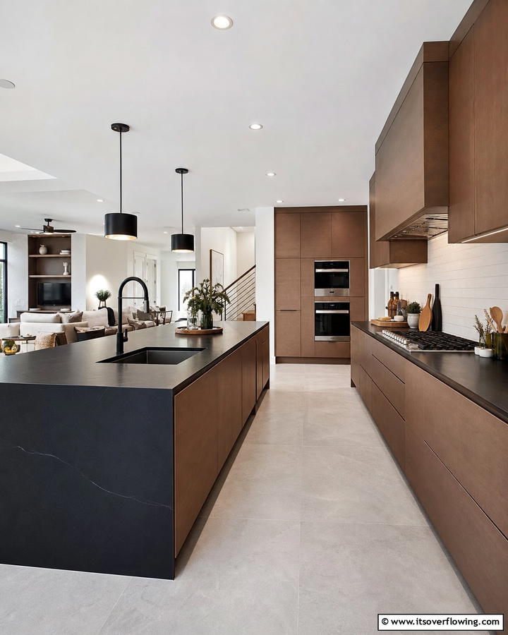 Modern Minimalism with Sleek Lines - 25 Brown Kitchen Cabinets With Black Countertops