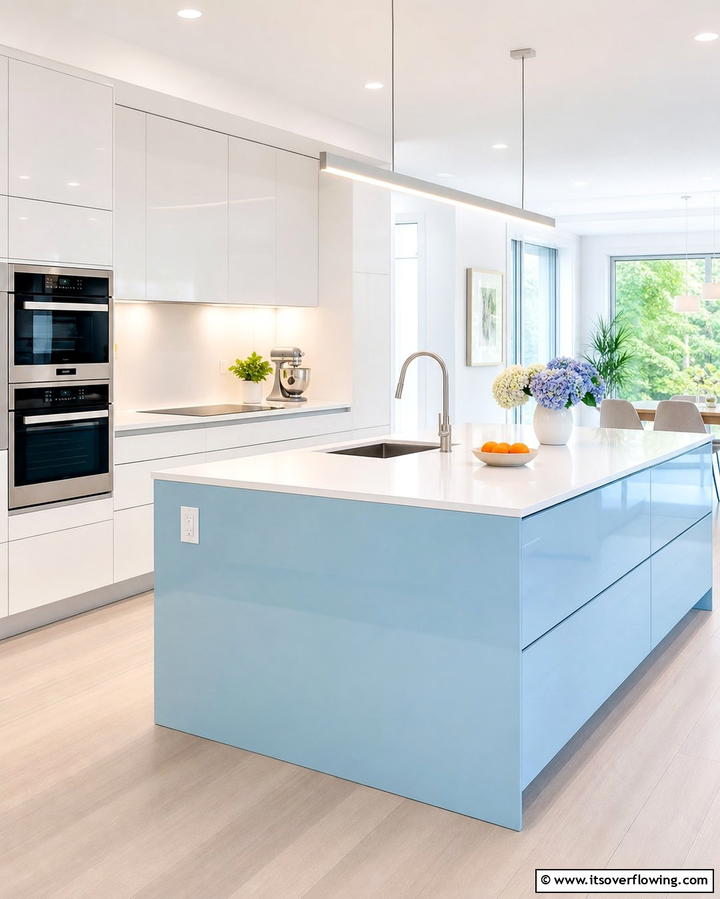 Modern Minimalism with White Glossy Cabinets and Light Blue Island - 25 White Kitchen Cabinets With Blue Island Ideas